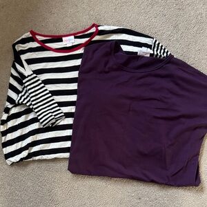 LuLaRoe Black and White Striped Top with Red Trim
